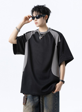 男士潮流印花T恤上衣夏季宽松拼接重磅短袖体恤A456-T892-P40黑色