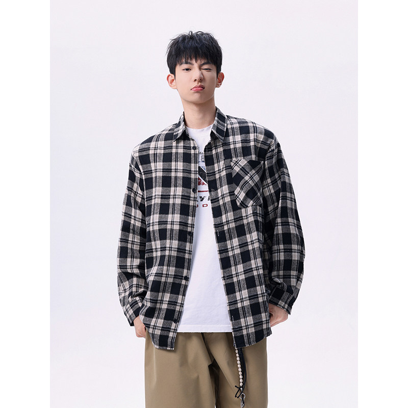 现货主推CY12-P33特长袖格子衬衫男潮牌潮流宽松韩版衬衣外套a,男装衬衫,电商A456（原C415）