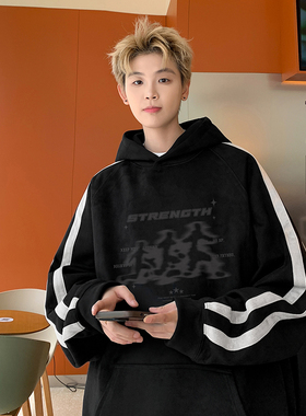 现货爆款420高克重磅秋冬麂皮绒连帽情侣卫衣男外套JP78-P55黑色