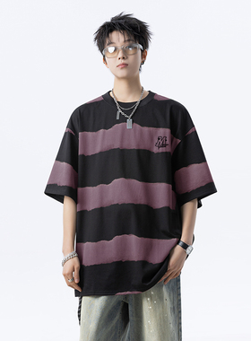 现货280克重 夏季T恤男宽松潮流条纹扎染短袖上衣A456-T885-P32