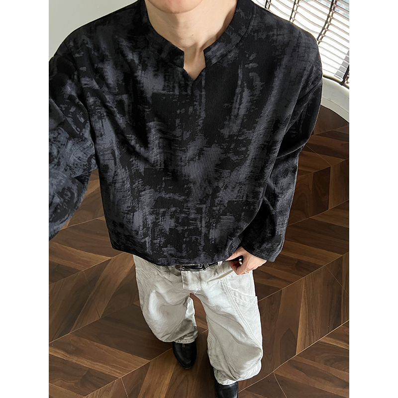 现货CT03-P22扎染V领灯芯绒秋季长袖T恤男宽松韩版上衣280克重b，男装T恤，电商A456（原C415）
