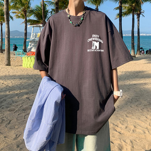 直播有280克大码发泡美式潮牌宽松网丝印花复古短袖t恤A432-T523-图片