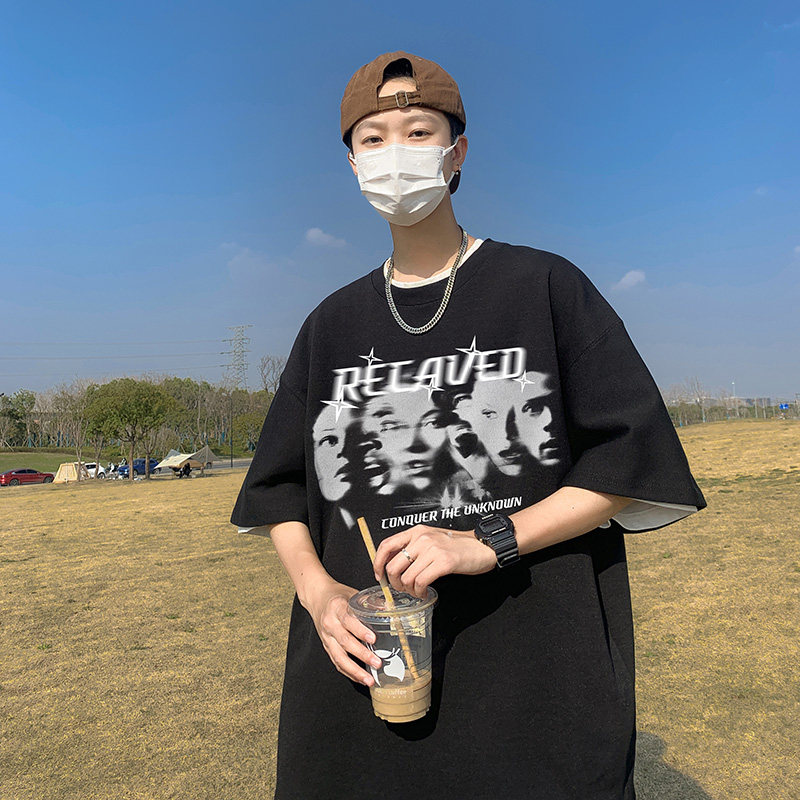 T80-P20特欧美高街重磅个性短袖T恤男夏季宽松嘻哈潮牌美式上衣黑,男装T恤,电商A456（原C415）