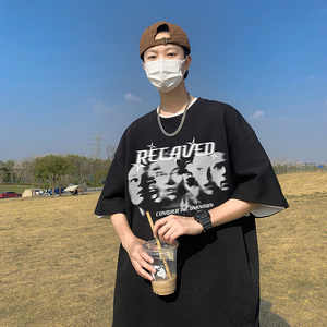 T80-P20特欧美高街重磅个性短袖T恤男夏季宽松嘻哈潮牌美式上衣黑图片