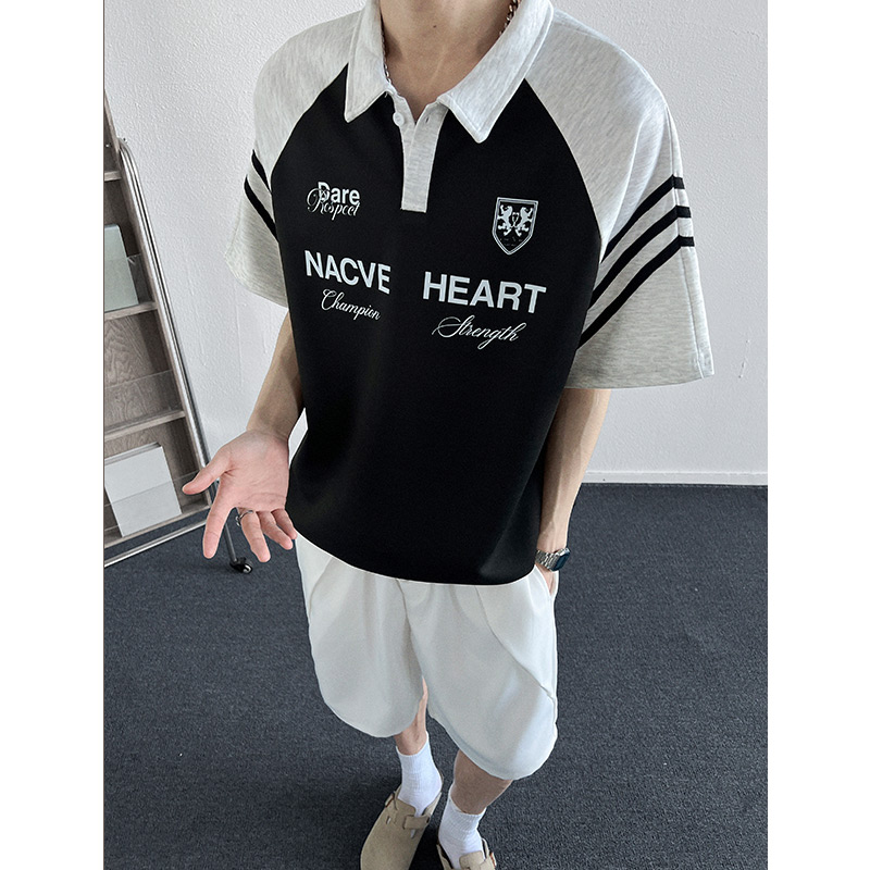 现货美式复古黑白拼接polo衫短袖男插肩袖宽松t恤A456-T891-P40，男装Polo衫，电商A456（原C415）