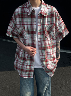 现货短袖格子衬衫男大码潮牌潮流双口袋工装衬衣A456-CY05-P27特