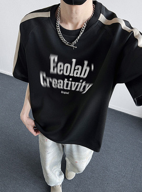 现货T565-P40控59男士潮流印花T恤夏季宽松织带重磅短袖体恤