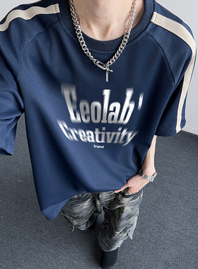 现货T565-P40控59男士潮流印花T恤夏季宽松织带重磅短袖体恤A