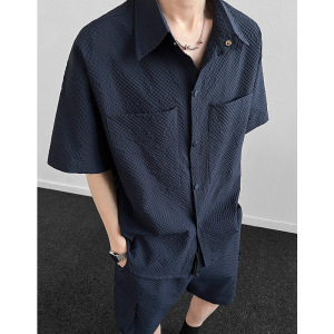 藏青色泡泡纱短袖短裤男套装夏季薄款冰丝防晒衣肌理感休闲一整套