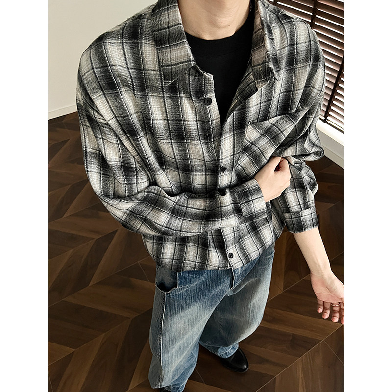 现货主推CY11-P33长袖格子衬衫男潮牌潮流宽松韩版衬衣外套b,男装衬衫,电商A456（原C415）