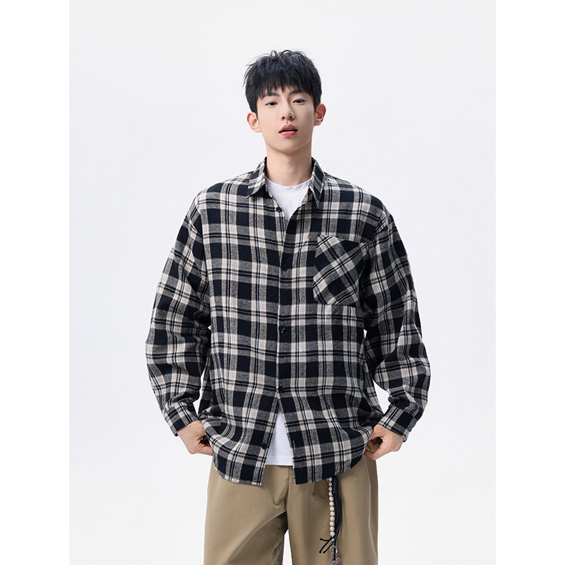 现货主推CY12-P33特长袖格子衬衫男潮牌潮流宽松韩版衬衣外套a,男装衬衫,电商A456（原C415）