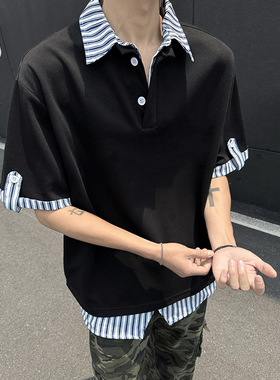 二开A456-T916-P32特现货主推曼巴棉夏季T恤潮流假两件POLO短袖黑