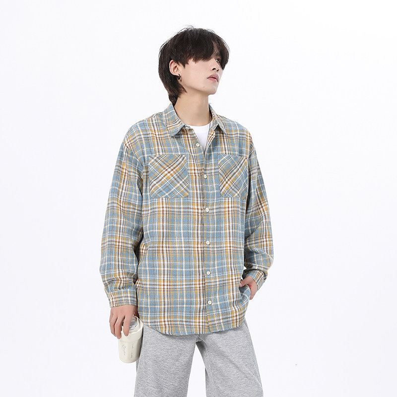 现货W件格子衬衫男学生大码宽松潮牌工装衬衣外套红CY01控58,男装衬衫,电商A456（原C415）