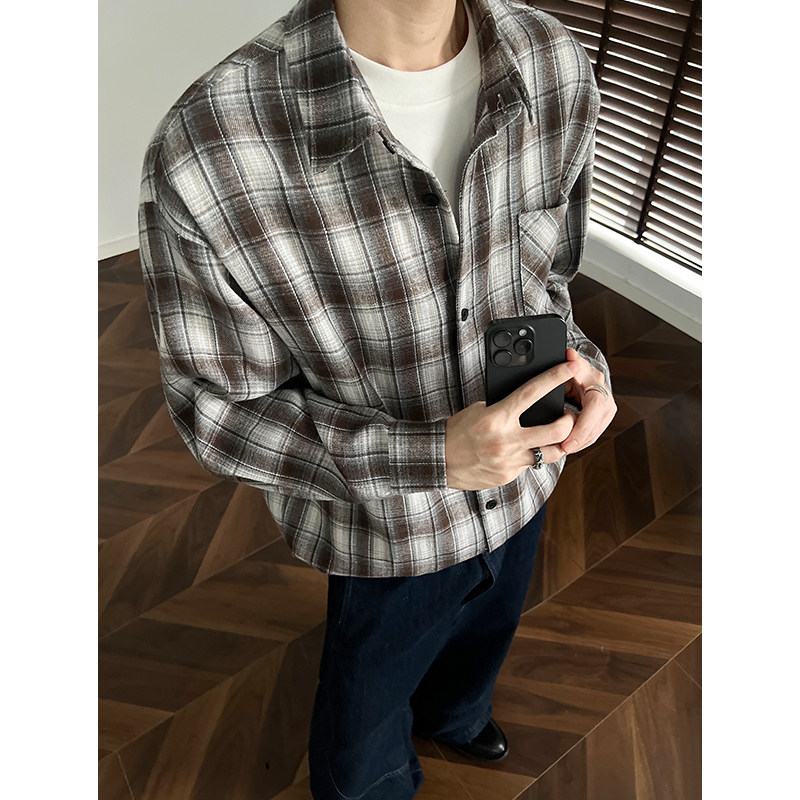 现货主推CY11-P33长袖格子衬衫男潮牌潮流宽松韩版衬衣外套,男装衬衫,电商A456（原C415）