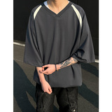 新款300克潮牌复古夏季小细格t恤男拼色短袖宽松版T888-P38，男装T恤，电商A456（原C415）