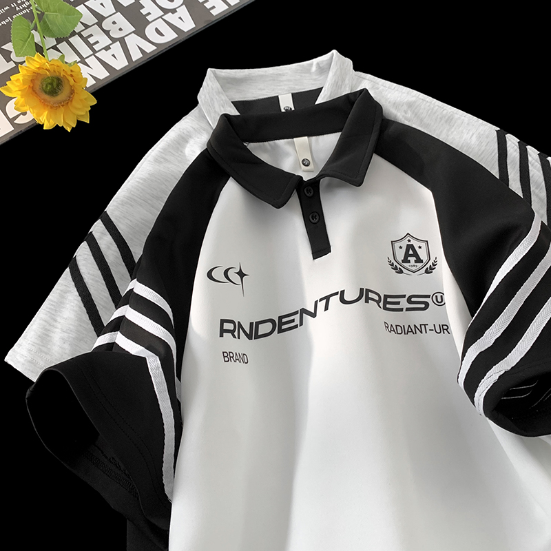 主推差价现货A456-T890-P40美式复古拼接polo衫短袖男插肩袖t恤E，男装Polo衫，电商A456（原C415）