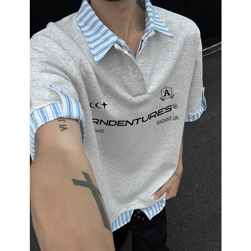 A456-T919-P35特主推曼巴棉亨利夏季T恤宽松潮流假两件POLO短袖，男装T恤，电商A456（原C415）