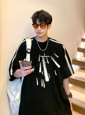 T588-P40控59潮牌男士潮流T恤上衣夏季插肩袖宽松织带重磅短袖