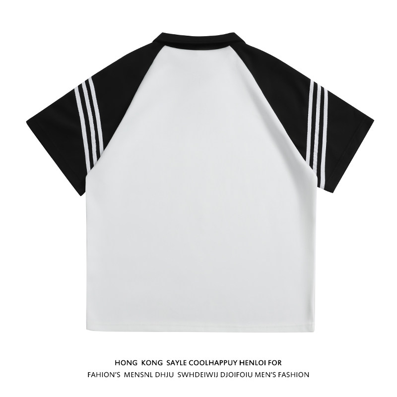 美式复古黑白拼接polo衫短袖男插肩袖t恤A456-T881-P35白,男装Polo衫,电商A456（原C415）