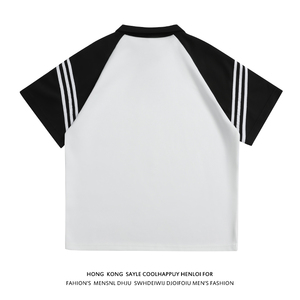 美式复古黑白拼接polo衫短袖男插肩袖t恤A456-T881-P35白图片