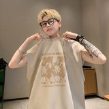 B19特P20潮牌手绘龙烧花无袖大码背心男夏季宽松坎肩美式t恤杏色，男装背心/马甲，电商A456（原C415）