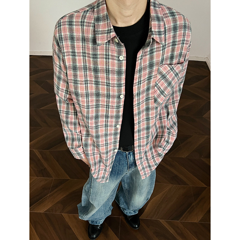 现货主推CY15-P33长袖格子衬衫男潮牌潮流宽松韩版中性衬衣a,男装衬衫,电商A456（原C415）
