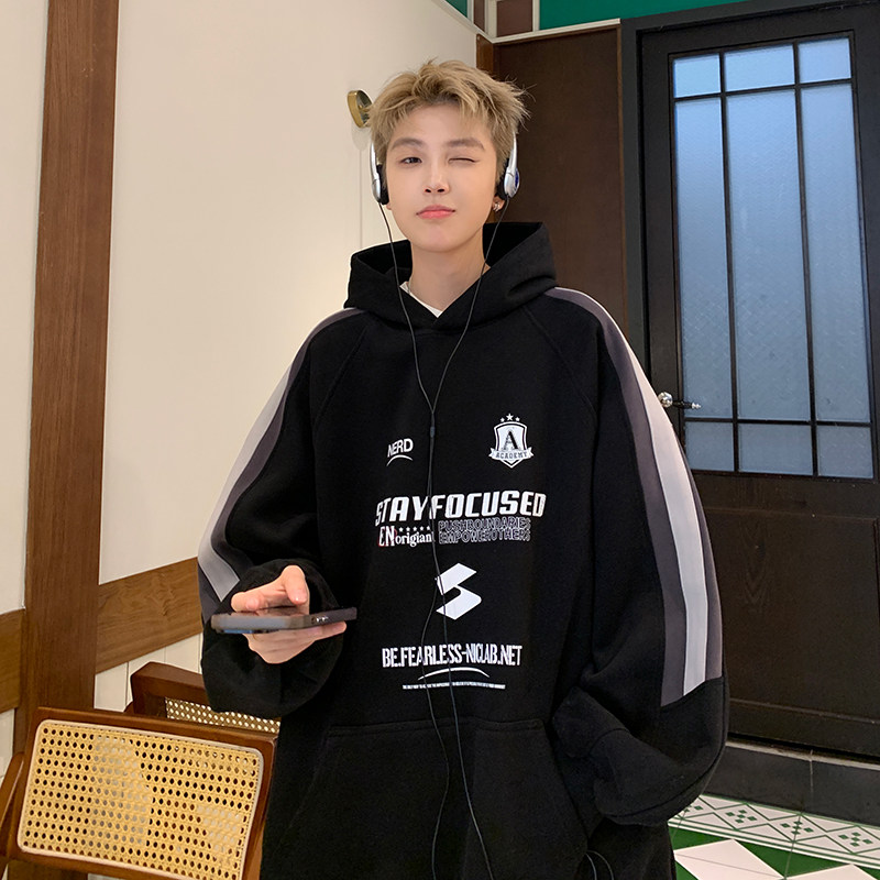 卫衣男秋冬美式高街潮牌痞帅外套条纹拼接重磅连帽WY809黑特P55,女装短外套,电商A456（原C415）