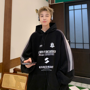 卫衣男秋冬美式高街潮牌痞帅外套条纹拼接重磅连帽WY809特P55黑图片