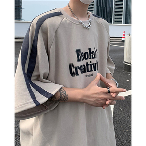 T565-P40控59高街潮牌男士潮流T恤上衣夏季宽松织带重磅短袖杏图片
