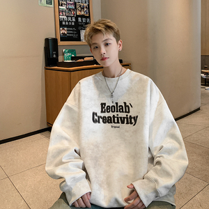 现货420克扎染重磅卫衣男秋冬款圆领上衣美式高街外套男WY803黑图片