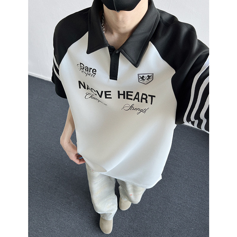 现货美式复古黑白拼接polo衫短袖男插肩袖t恤A456-T891-P40白，男装Polo衫，电商A456（原C415）