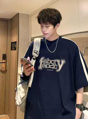 T570-P40控58重影重磅280克潮牌ins潮流复古插肩袖t恤短袖A456蓝