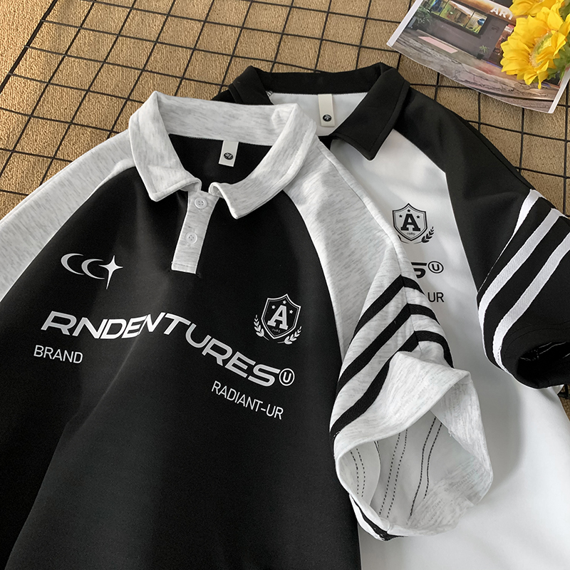 美式撞色拼接短袖POLO衫男夏季潮牌复古宽松大码痞帅机车半袖体恤，男装Polo衫，电商A456（原C415）