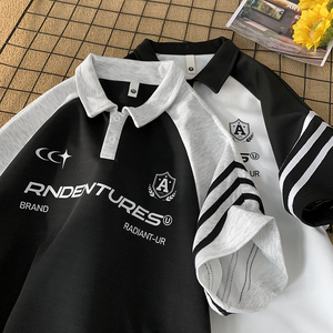 主推差价现货A456-T890-P40美式复古拼接polo衫短袖男插肩袖t恤图片