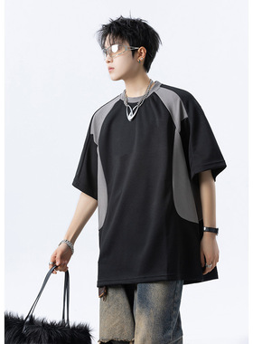 男士潮流印花T恤上衣夏季宽松拼接重磅短袖体恤A456-T892-P40黑