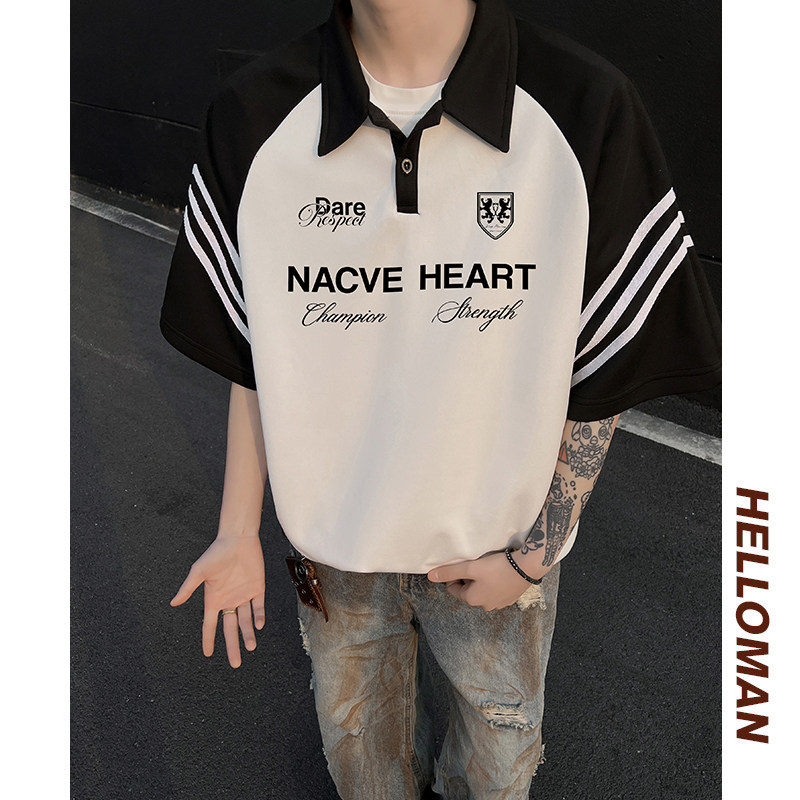 现货美式复古黑白拼接polo衫短袖男插肩袖t恤A456-T891-P40白,男装T恤,电商A456（原C415）