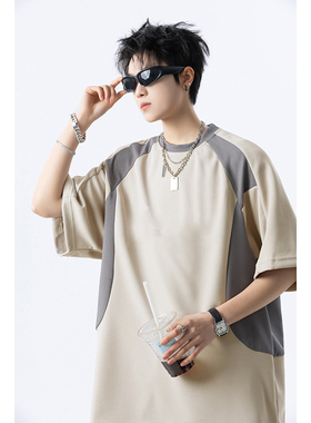 男士潮流印花T恤上衣夏季宽松拼接重磅短袖体恤A456-T892-P40杏色