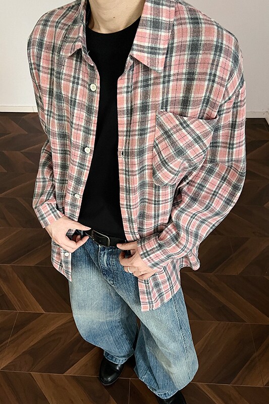 现货主推CY15-P33长袖格子衬衫男潮牌潮流宽松韩版中性衬衣a,男装衬衫,电商A456（原C415）