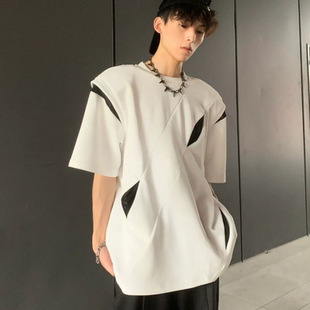 美式解构拼接正肩短袖t恤男夏季cleanfit痞帅高级感男模穿搭上衣