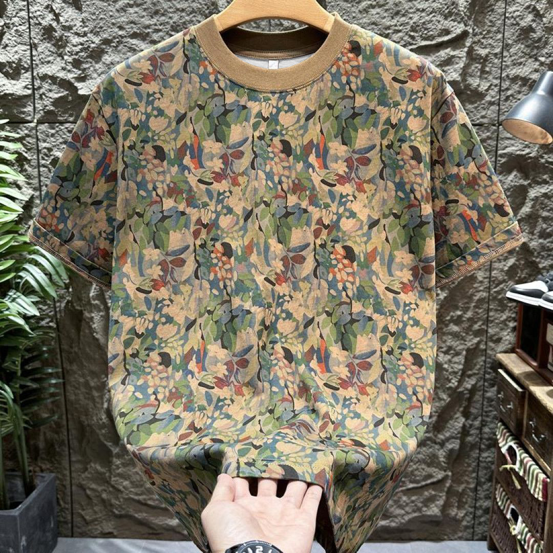 2026夏季韩版复古男青年碎花短袖时尚潮流修身圆领t恤百搭ins半袖