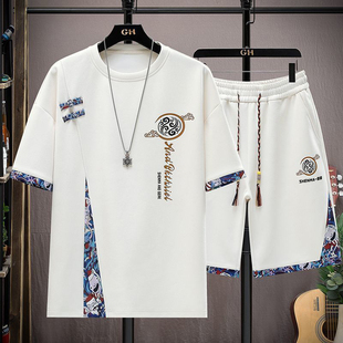 新中式中国风短袖夏季一整套休闲运动套装男生搭配两件套短裤一套