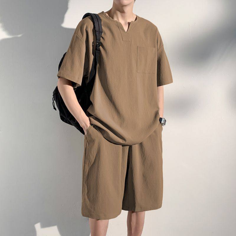 夏季中国风运动休闲套装男新中式宽松V领短袖t恤短裤两件套装潮