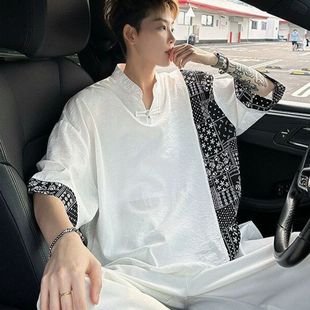 新中式国风拼接大码220斤短袖T恤男款2025夏季新款半袖宽松上衣男