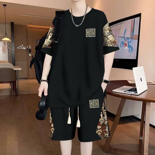 夏特大码300斤男士中式套装运动宽松短袖短裤两件套中国学生休闲
