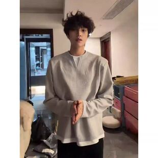 花灰色假两件v领长袖t恤男款春季美式正肩卫衣cleanfit内搭打底衫