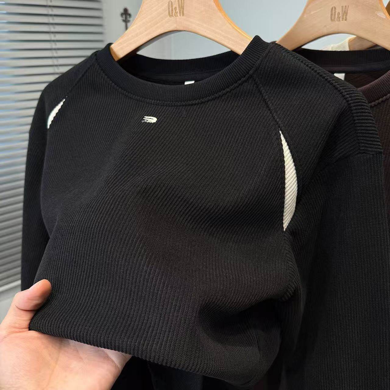 秋冬新款拼接圆领卫衣男士潮流休闲宽松上衣百搭加绒打底衫衣服男