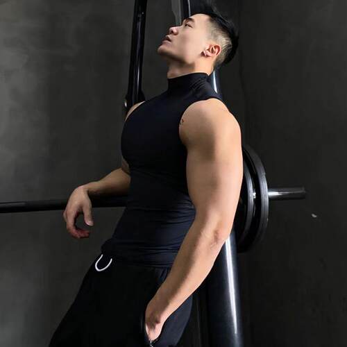 肌肉男健身训练服兄弟纯色透气打底运动无袖T恤高领弹力速干背心