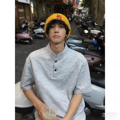 浅灰色亨利领短袖男款夏季cleanfit穿搭正肩t恤拼接boxy重磅半袖