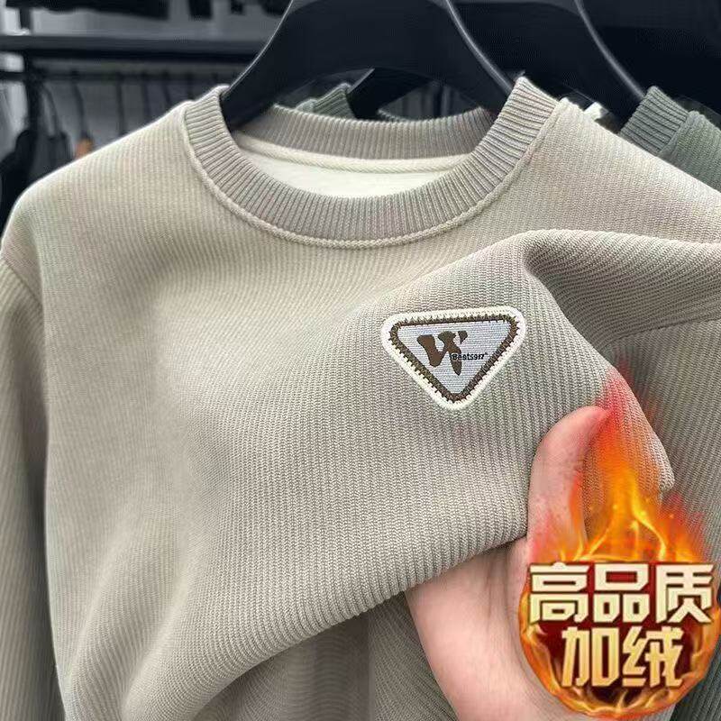 秋冬季套头圆领长袖卫衣宽松上衣男士潮流加绒保暖加厚刺绣打底衫