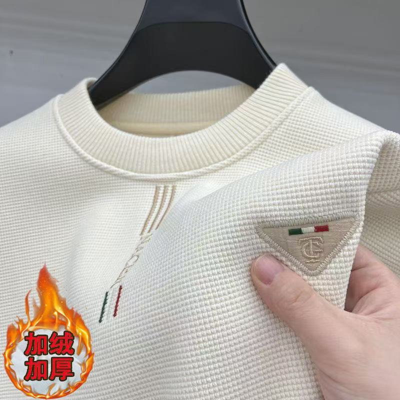 华夫格男士套头T恤加绒加厚卫衣长袖圆领潮流秋冬季保暖潮打底衫